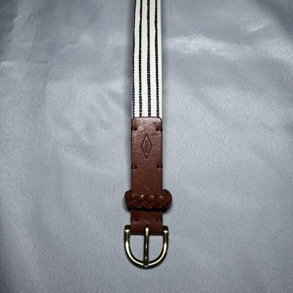 Women's Fossil Belt Cream Blue Stripe w/ Brown Leather Accent Size S EUC - Picture 2 of 10